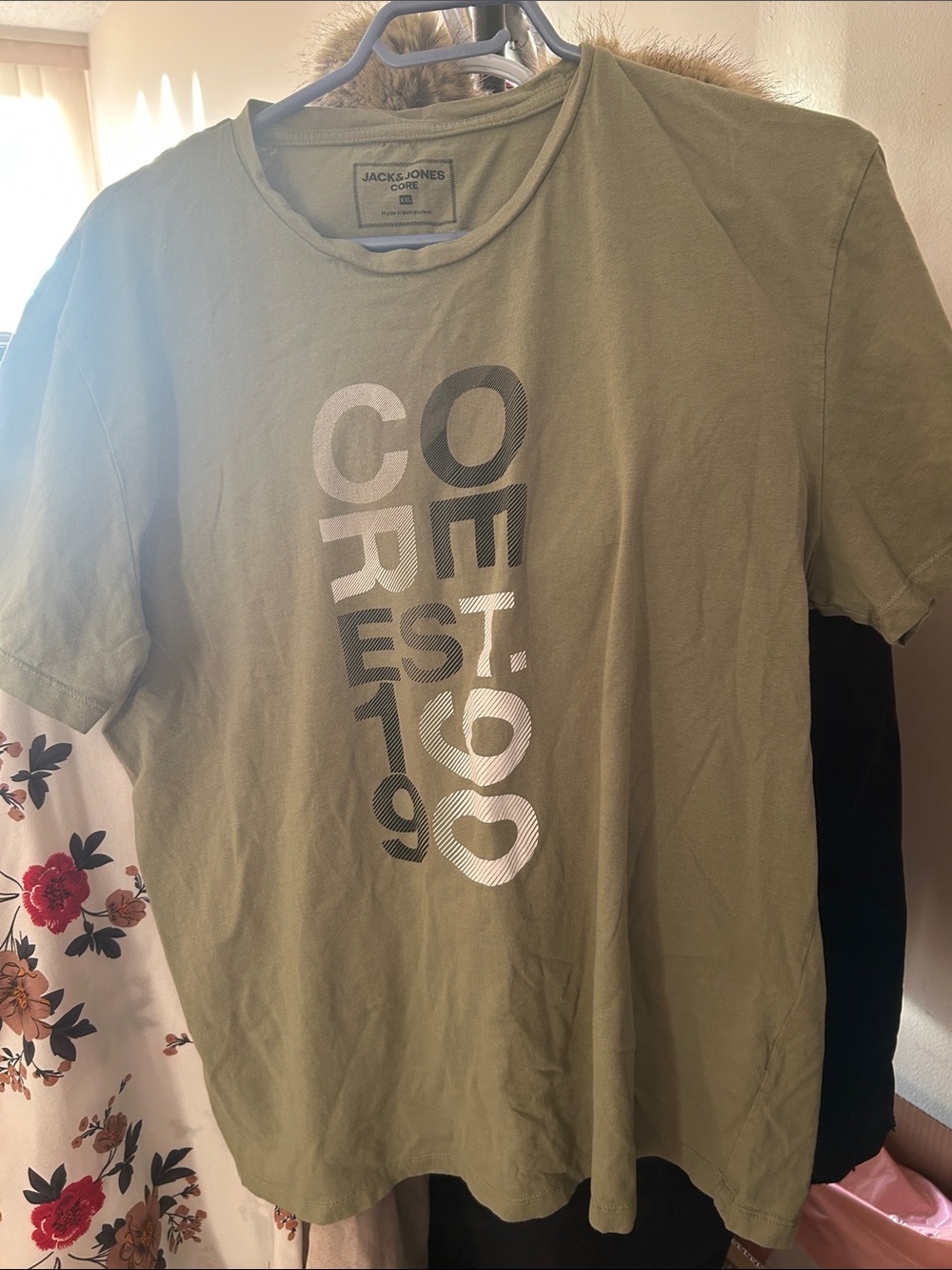 Jack & Jones Olive Green Tee with Vertical Silver Graphic Text